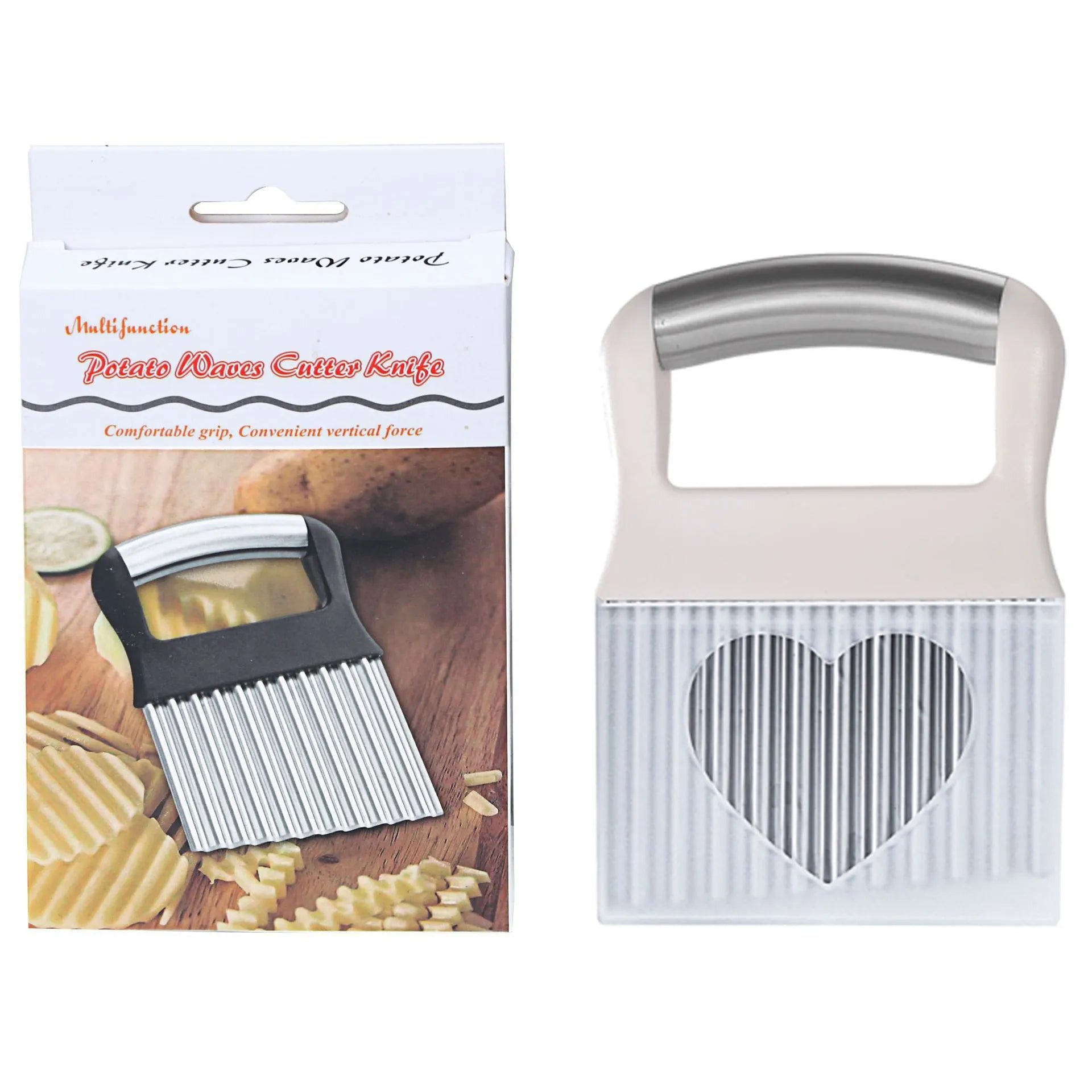 Stainless steel potato wave knife for cutting corrugated chips, shown in black and white colour options.
