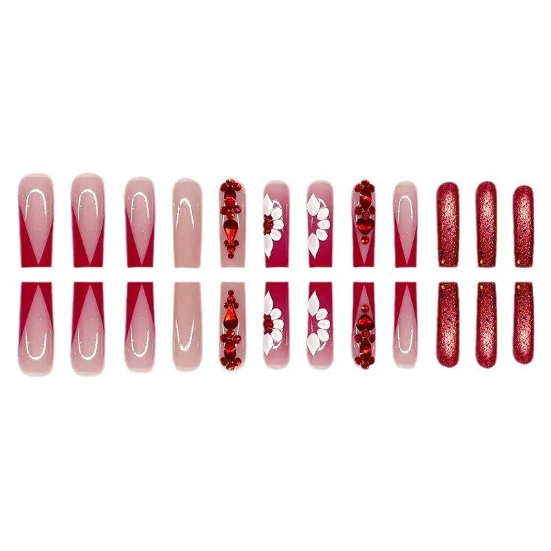 Sweet flower pattern removable fake nails with prismatic red diamond accents in European square long style