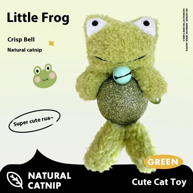 Brown bear plush cat toy with mint ball centre and bell, measuring 15cm high by 7cm wide