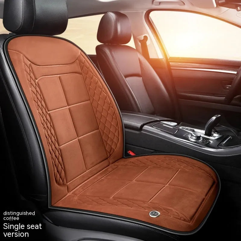 Automotive heating cushion on car seat in beige colour with cotton filler for winter comfort