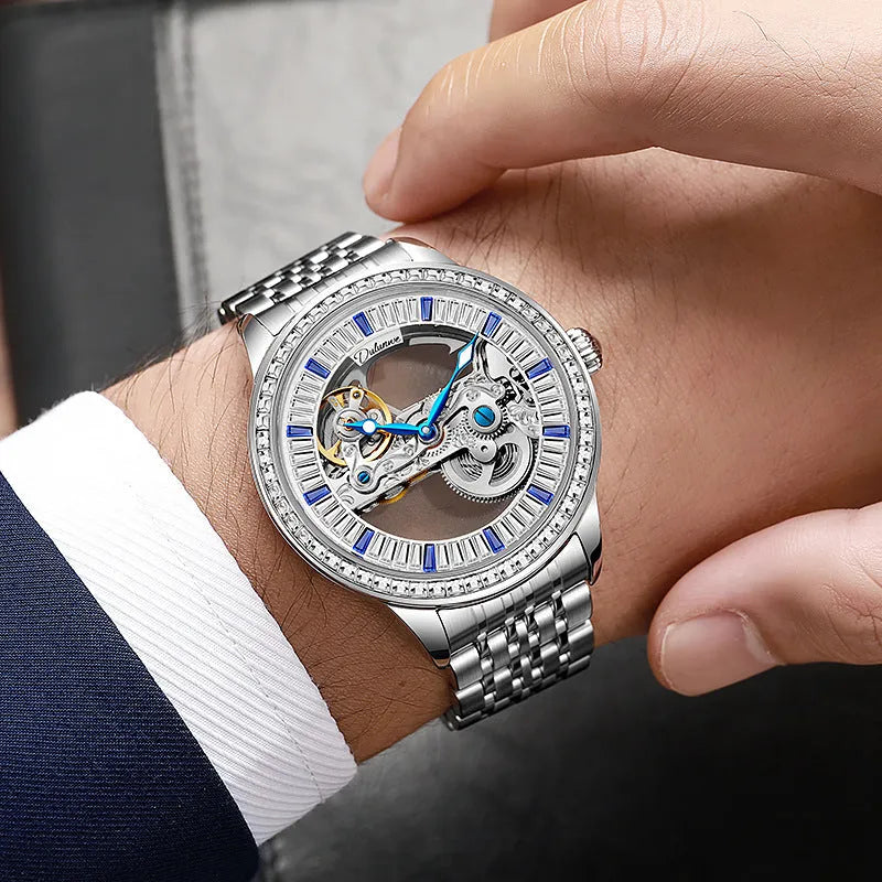 Men's luxury zircon mechanical watch with mineral glass and stainless steel butterfly clasp