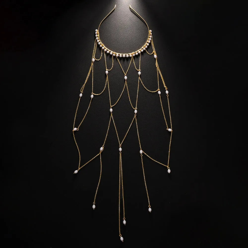 Gold mesh hair chain with pearl embellishments and tassel details for women