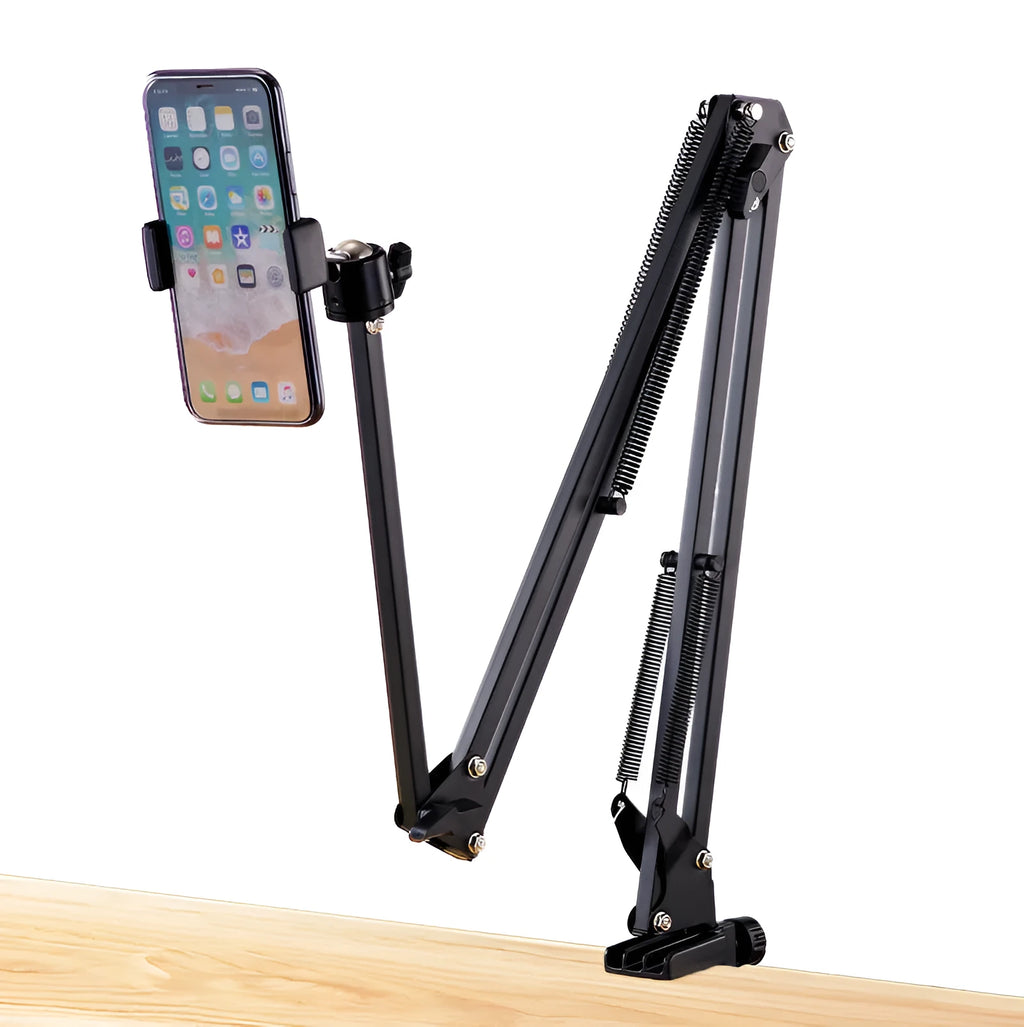 Black foldable metal cantilever bracket holding tablet on desktop with adjustable arm extended
