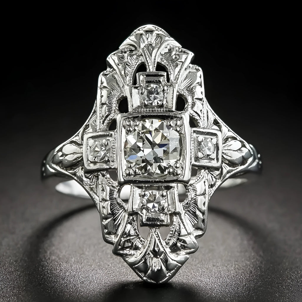 Geometric hollow copper ring with silver electroplated finish and diamond-studded detailing