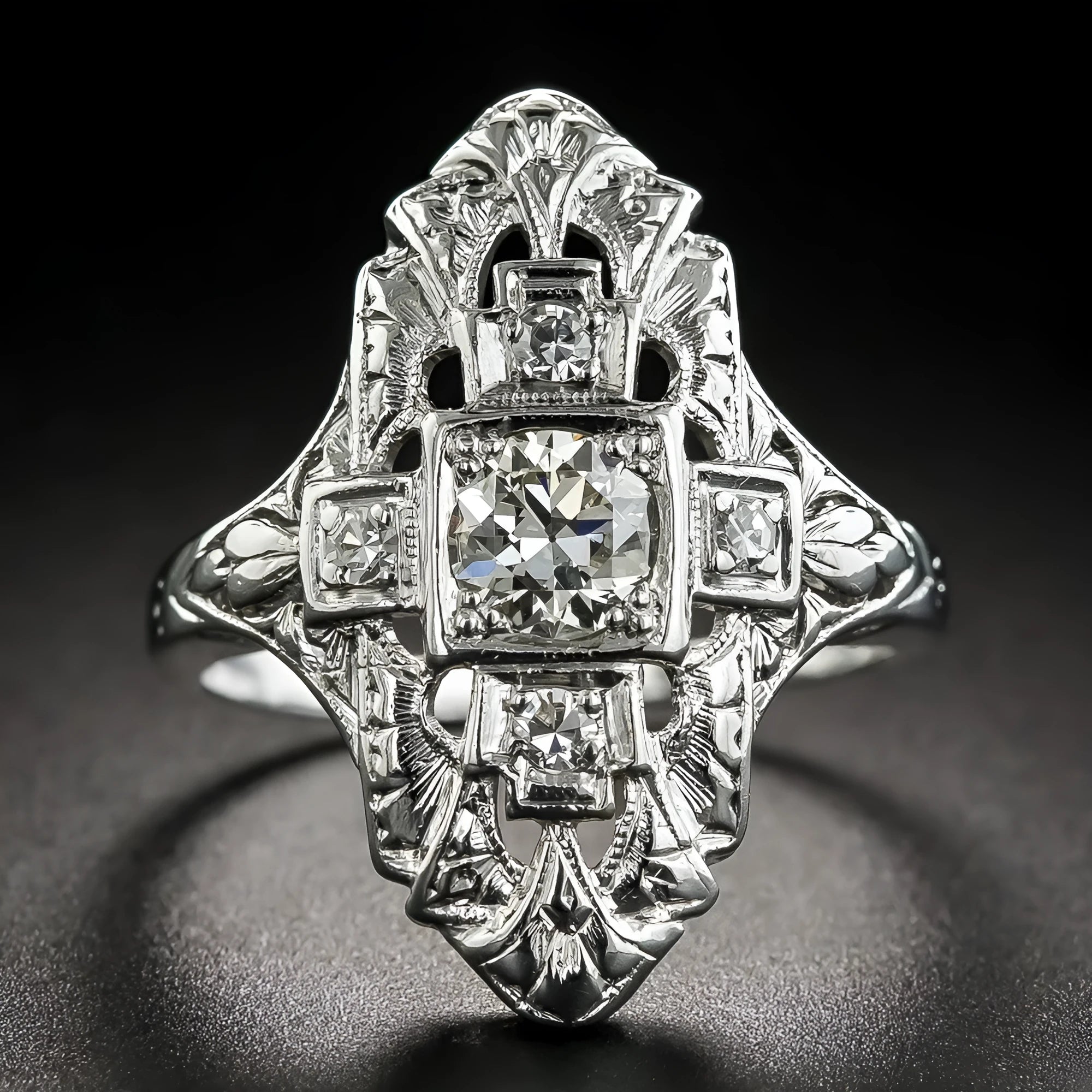 Geometric hollow copper ring with silver electroplated finish and diamond-studded detailing