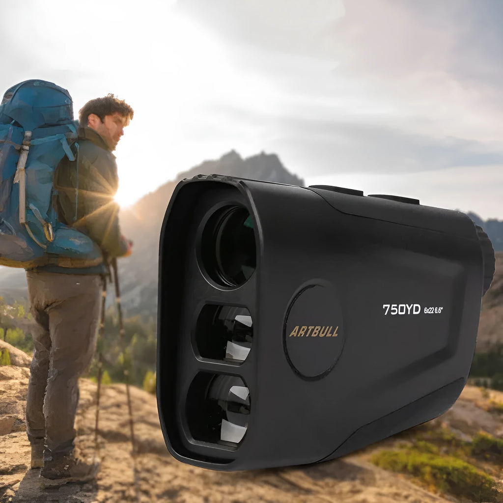 A rechargeable golf laser rangefinder with LCD display, shown with its Type-C charging cable.