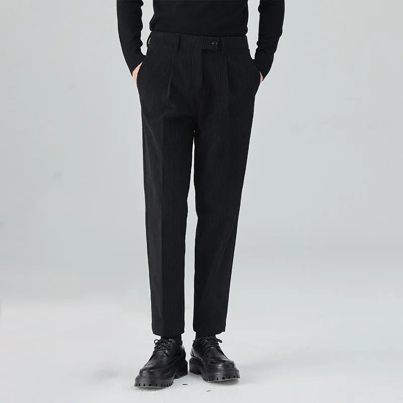 Men's beige straight-leg corduroy trousers with a loose fit and mid-waist design