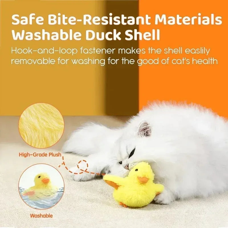 Yellow flapping duck cat toy with chick simulation shape on green background