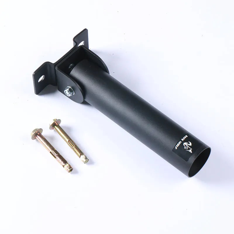 Steel wall barbell rack holding multiple bars, showing 25 tube capacity.