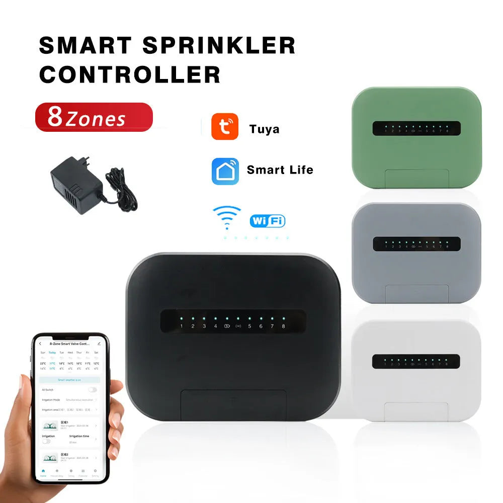 8-way smart water valve irrigation controller with wireless bridge, available in white green gray and black for EU garden use