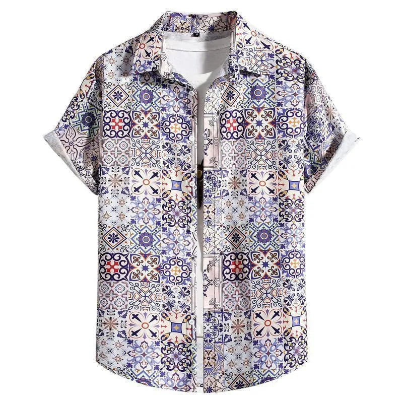 Man wearing a slim fit, short sleeve Hawaiian shirt with a digital printed pattern in a casual setting.
