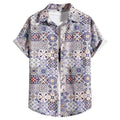 Man wearing a slim fit, short sleeve Hawaiian shirt with a digital printed pattern in a casual setting.