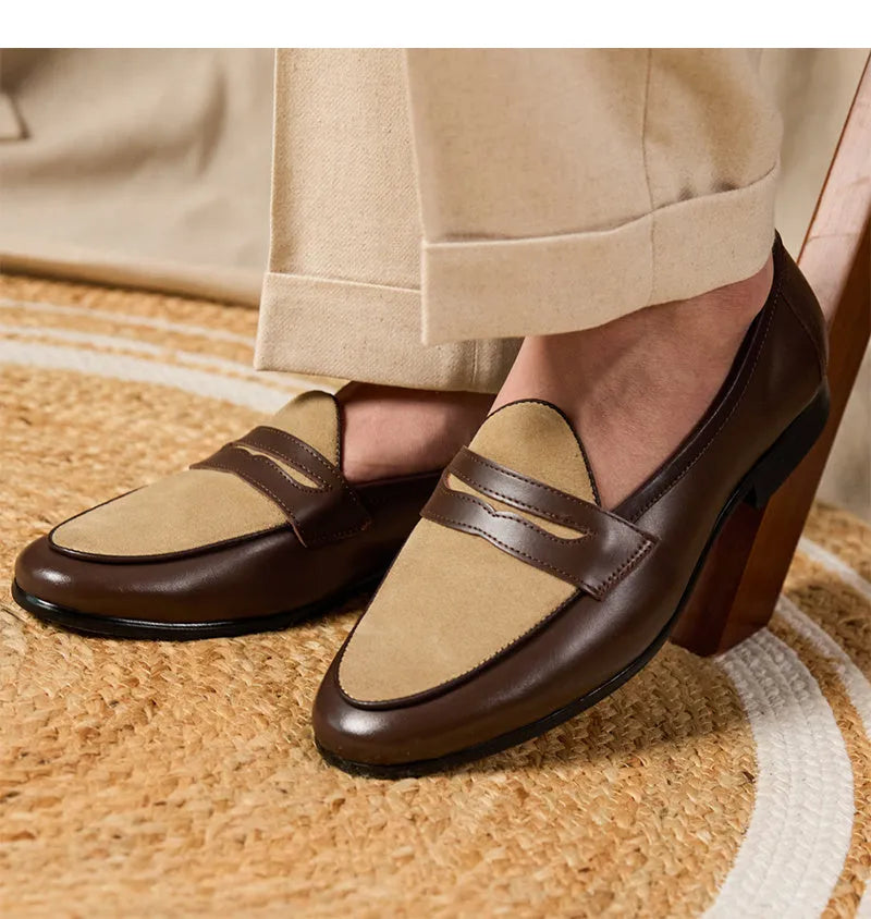 Coffee grey British style loafers with suede leather uppers and slip-on design