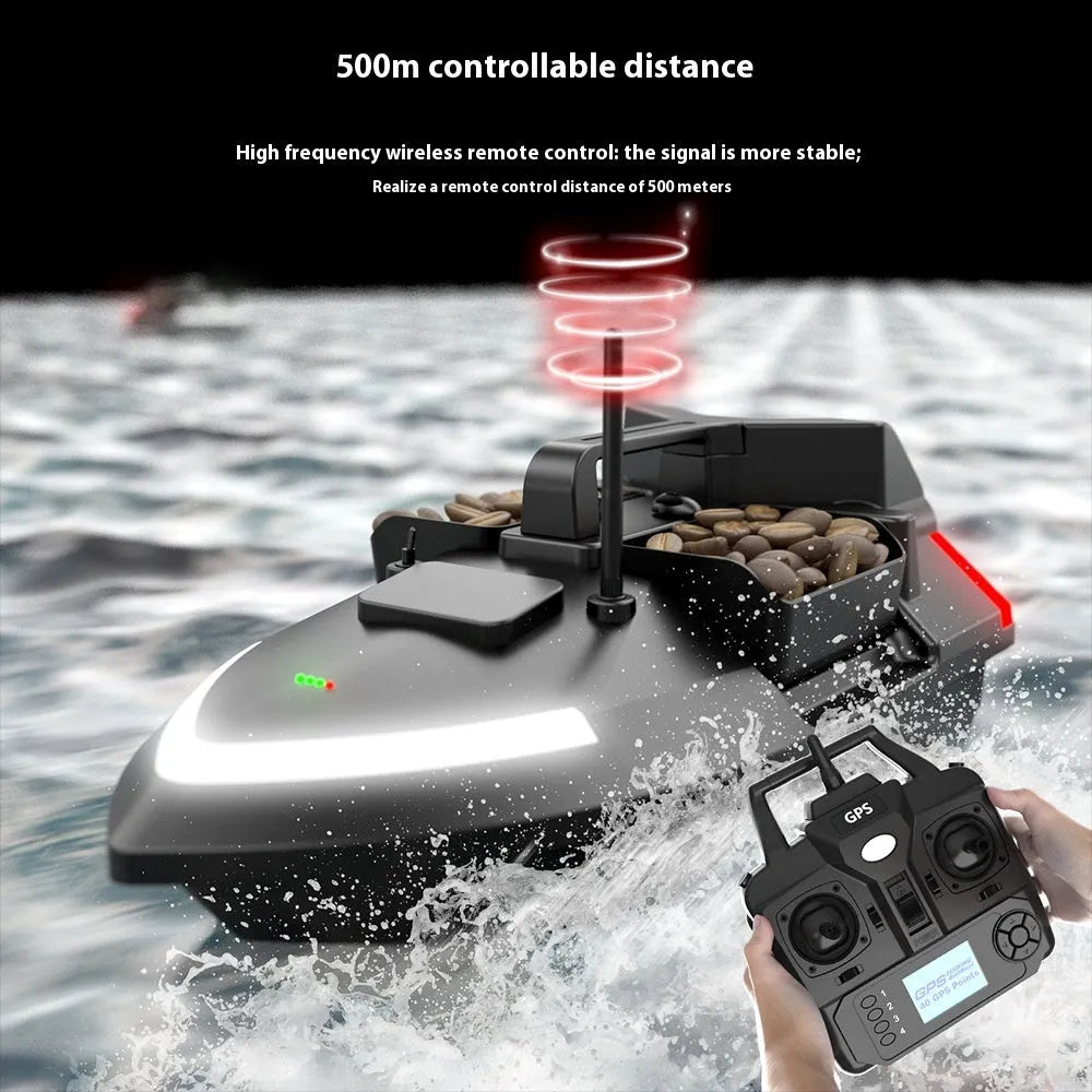 Black GPS remote control fishing boat with LED light on calm water