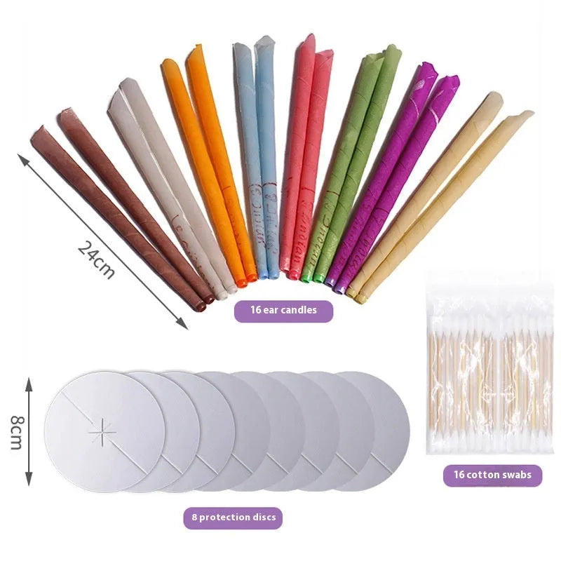 Box of 16 ear candles with protection boards and swabs in eight colour options for health massage.