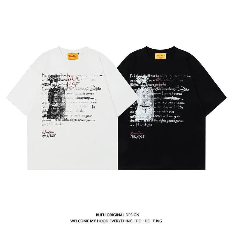 Men's black pure cotton t-shirt with white letter printing and raglan sleeves