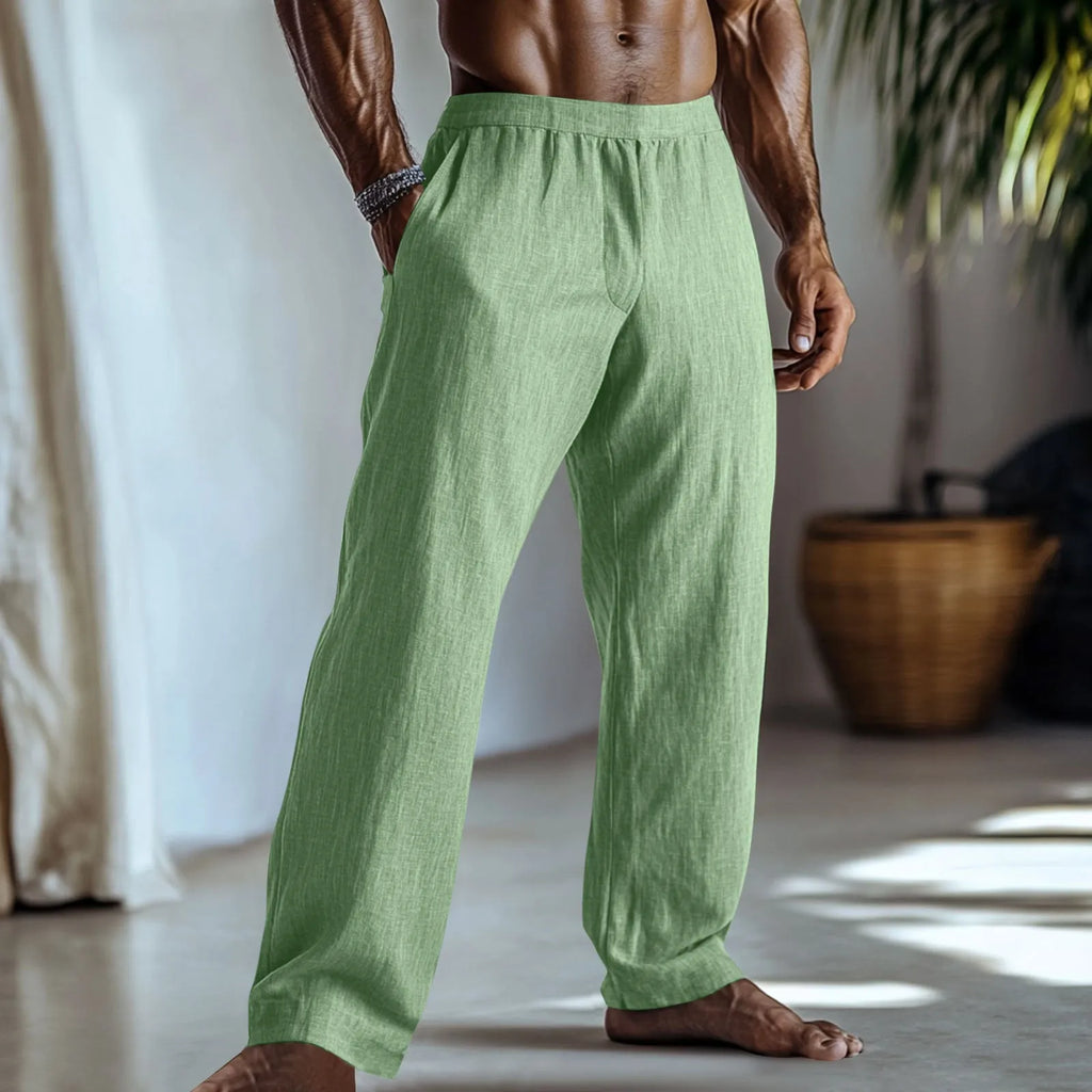 Men's cotton linen straight leg casual trousers with side pockets in light green colour