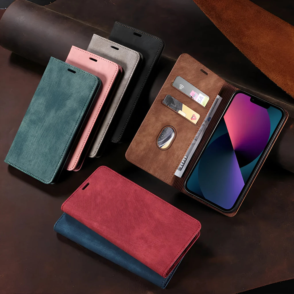 Magnetic leather flip phone case for iPhone in solid colours showing front and back views.