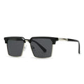 Men's square sunglasses with plastic frames showing six colour variations including green and blue options
