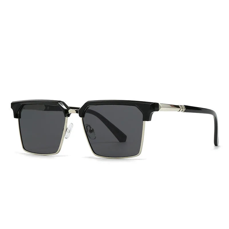 Men's square sunglasses with plastic frames showing six colour variations including green and blue options