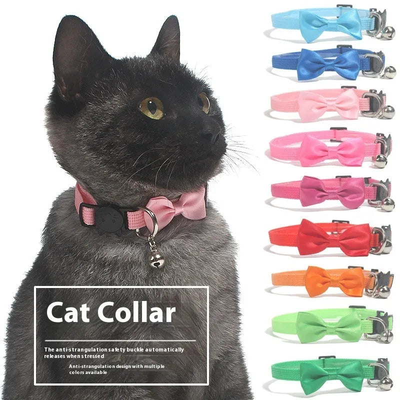 Striped adjustable bow tie cat collar with bell in multiple colour options on nylon ribbon