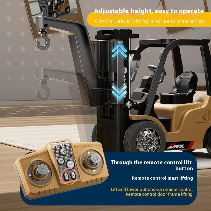 Mini alloy forklift remote control car toy with Bluetooth remote and cargo accessories on pallet