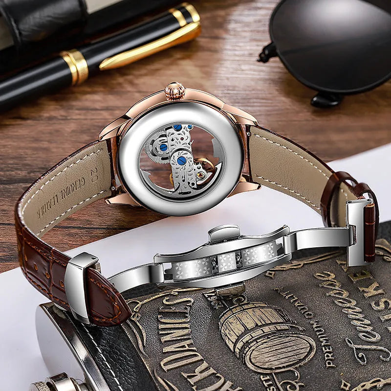 Men's luxury zircon mechanical watch with mineral glass and stainless steel butterfly clasp