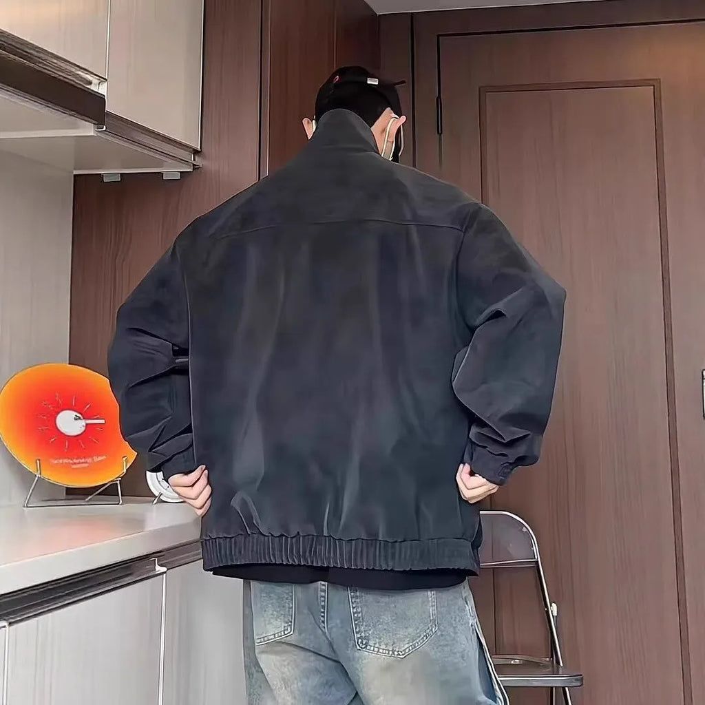 Grey and black tie-dye pattern on a men's loose-fit PU leather jacket with a stand collar.