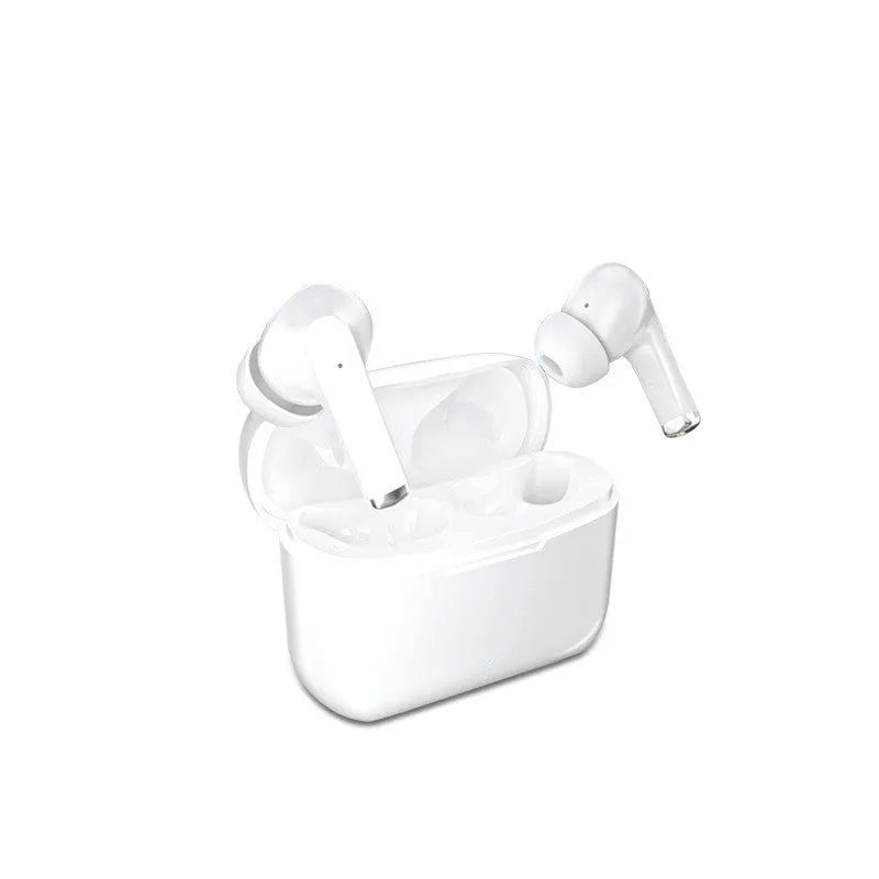 Wireless Bluetooth 5.0 stereo earbud headset in white, earplug type with data cable, bilateral design