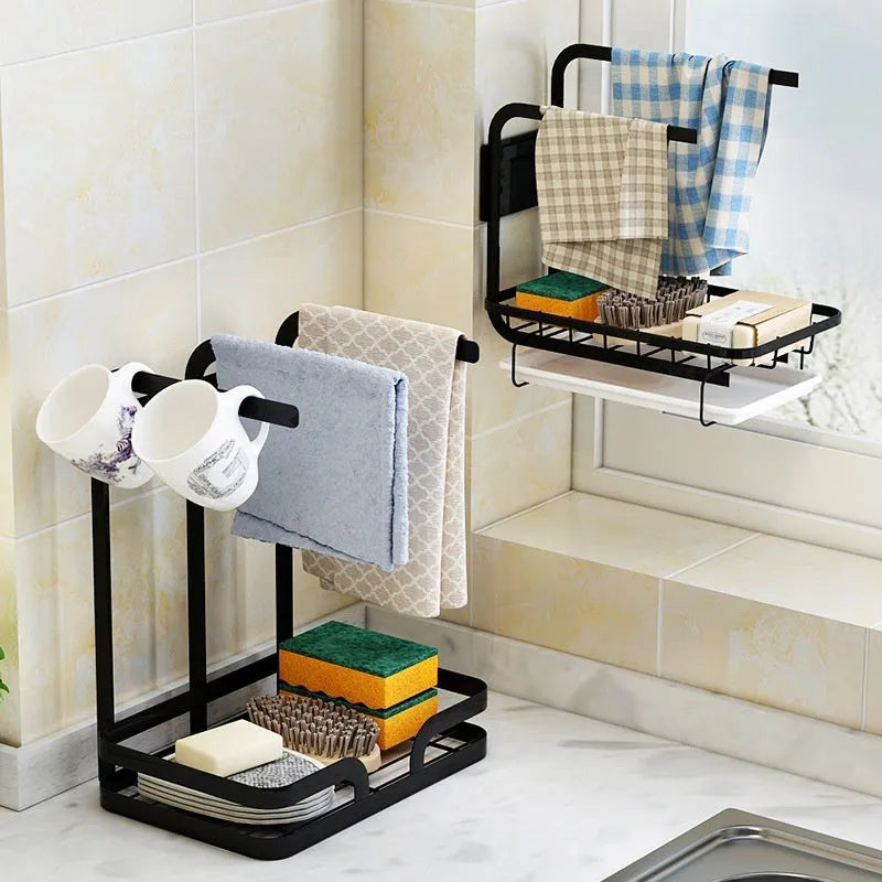 White foldable plastic kitchen storage rack shown in wall-mounted and desktop configurations