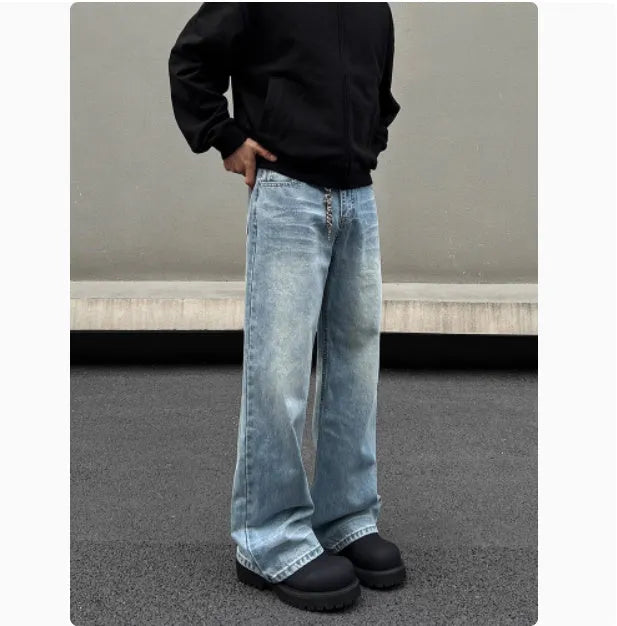 Men's blue retro whisker washed straight leg jeans with medium-high waist and flared leg