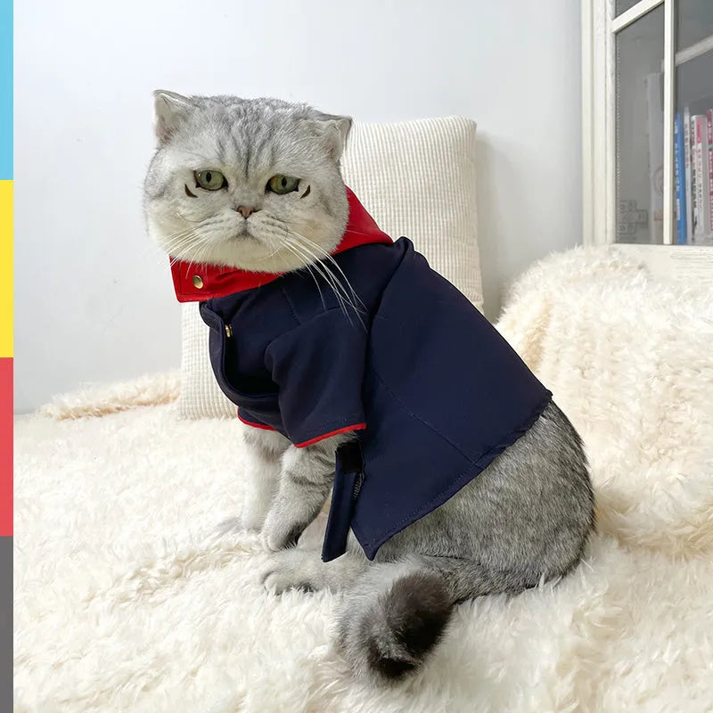 A dog or cat wearing a hoodie photo prop in a tiger staff pattern design.