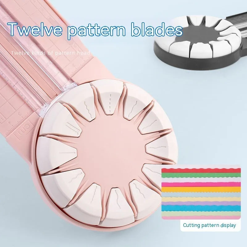 Pink and black 12-in-1 plastic paper cutting machine tool for decorative craft edges
