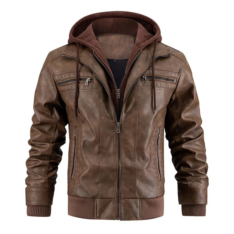 Men's hooded PU leather jacket with zipper pockets, black colour, shown front view