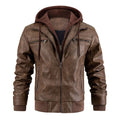 Men's hooded PU leather jacket with zipper pockets, black colour, shown front view