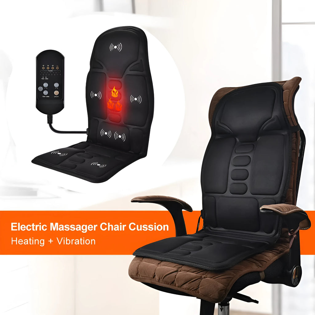 Black electric cervical vertebra massager with wireless remote control on a table.