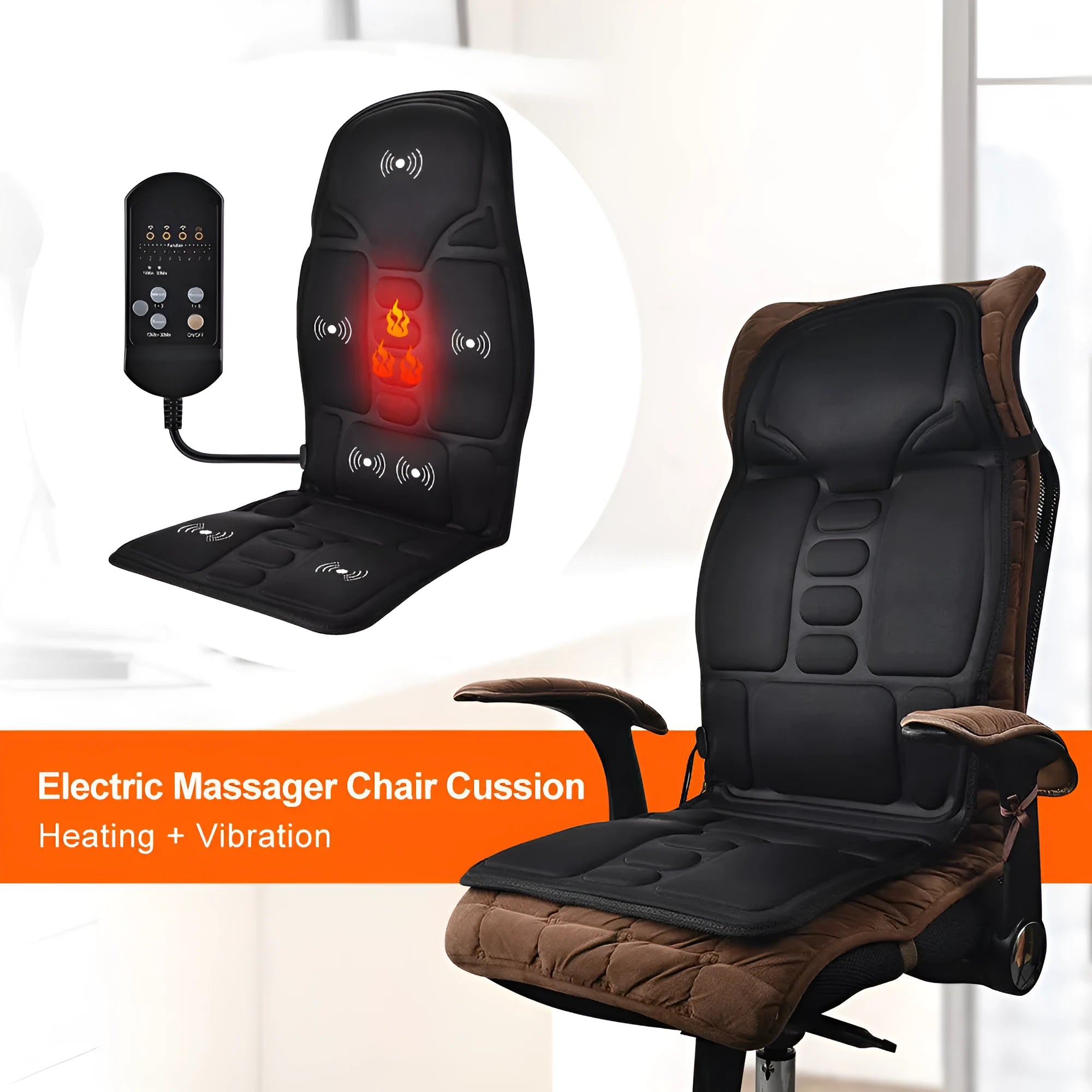 Black electric cervical vertebra massager with wireless remote control on a table.