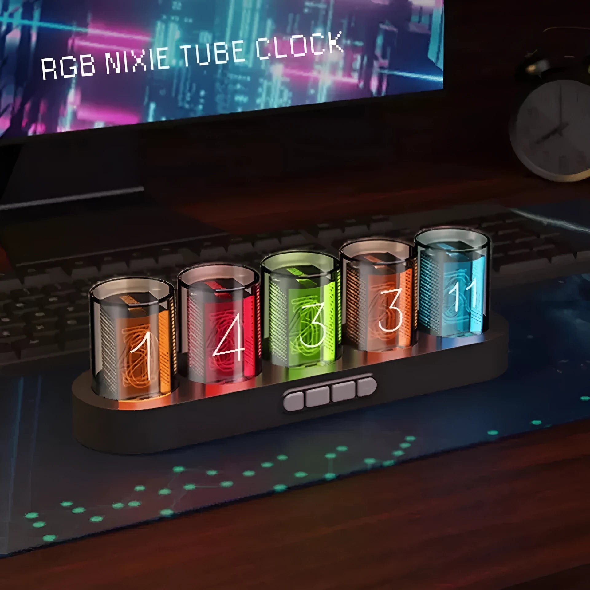 RGB Luminotron LED digital clock in black, white, or wood grain finish showing colourful display on a desk