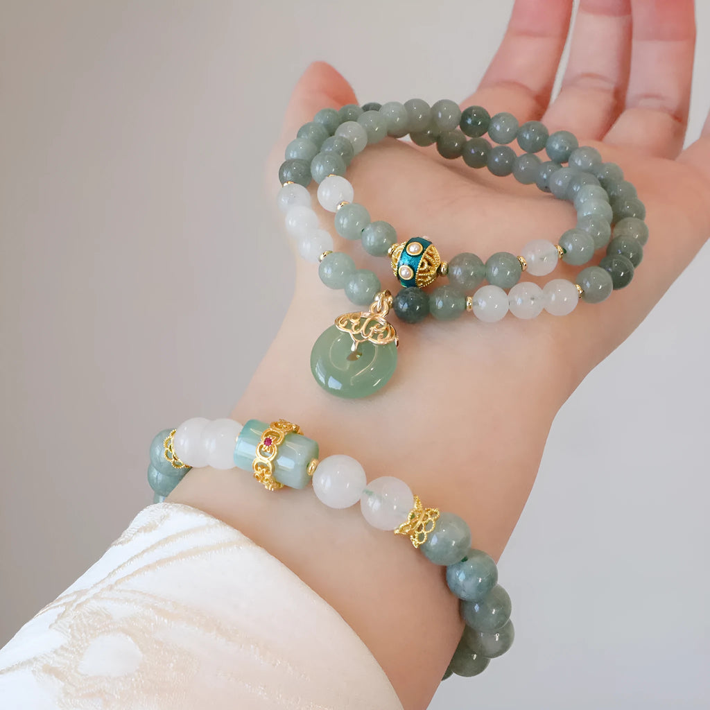 Women's new Chinese style bracelet with Myanmar jade safety buckle peace symbol pendant