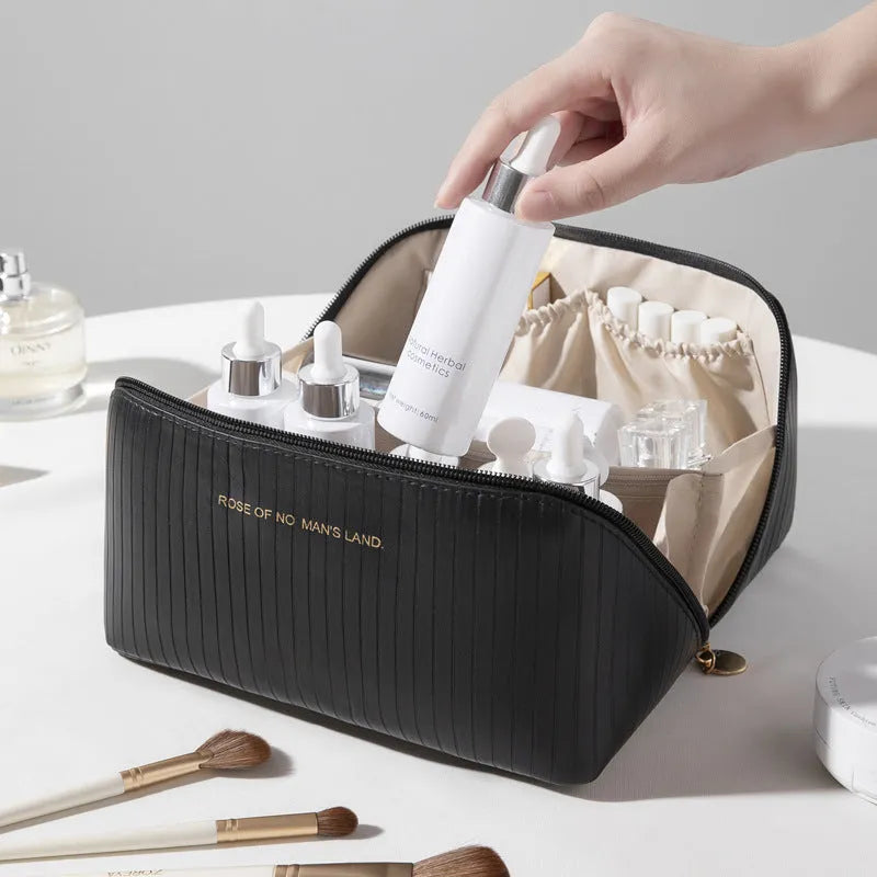 Vertical pattern pillow makeup bag in PU material with cubic 22.5cm shape