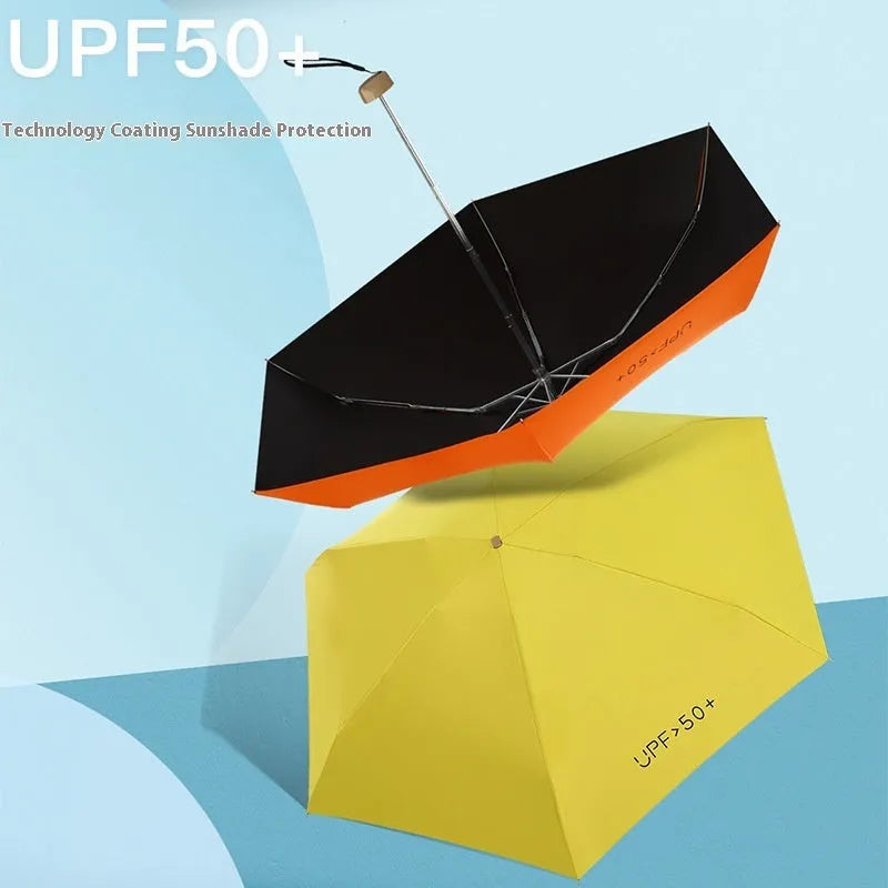 Closed five-fold mini pocket sun umbrella with a rubber handle, shown in a choice of colours.