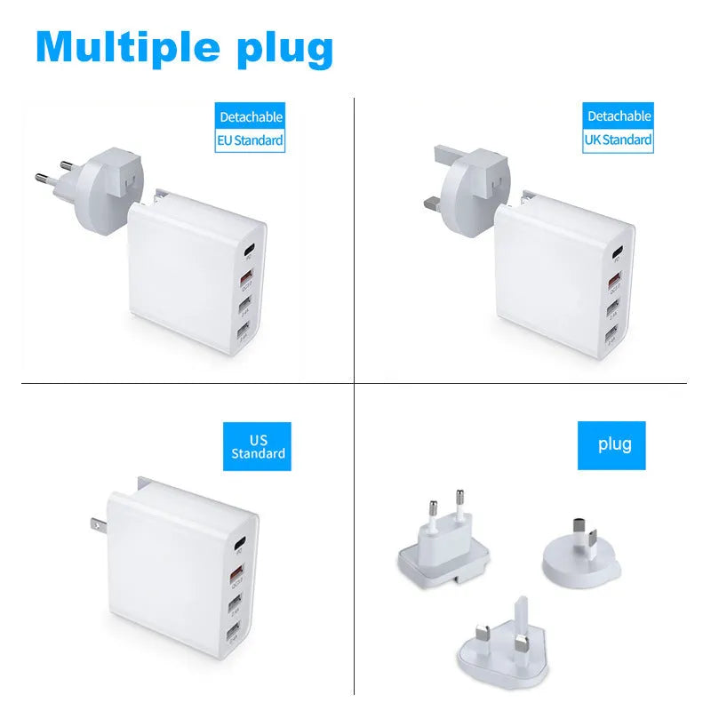 White multi-port fast charger with USB-C and USB-A ports plugged into a wall socket.