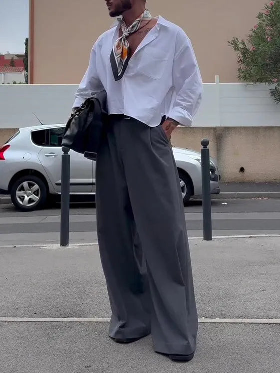 Men's plain grey high waist wide leg full-length polyester casual trousers