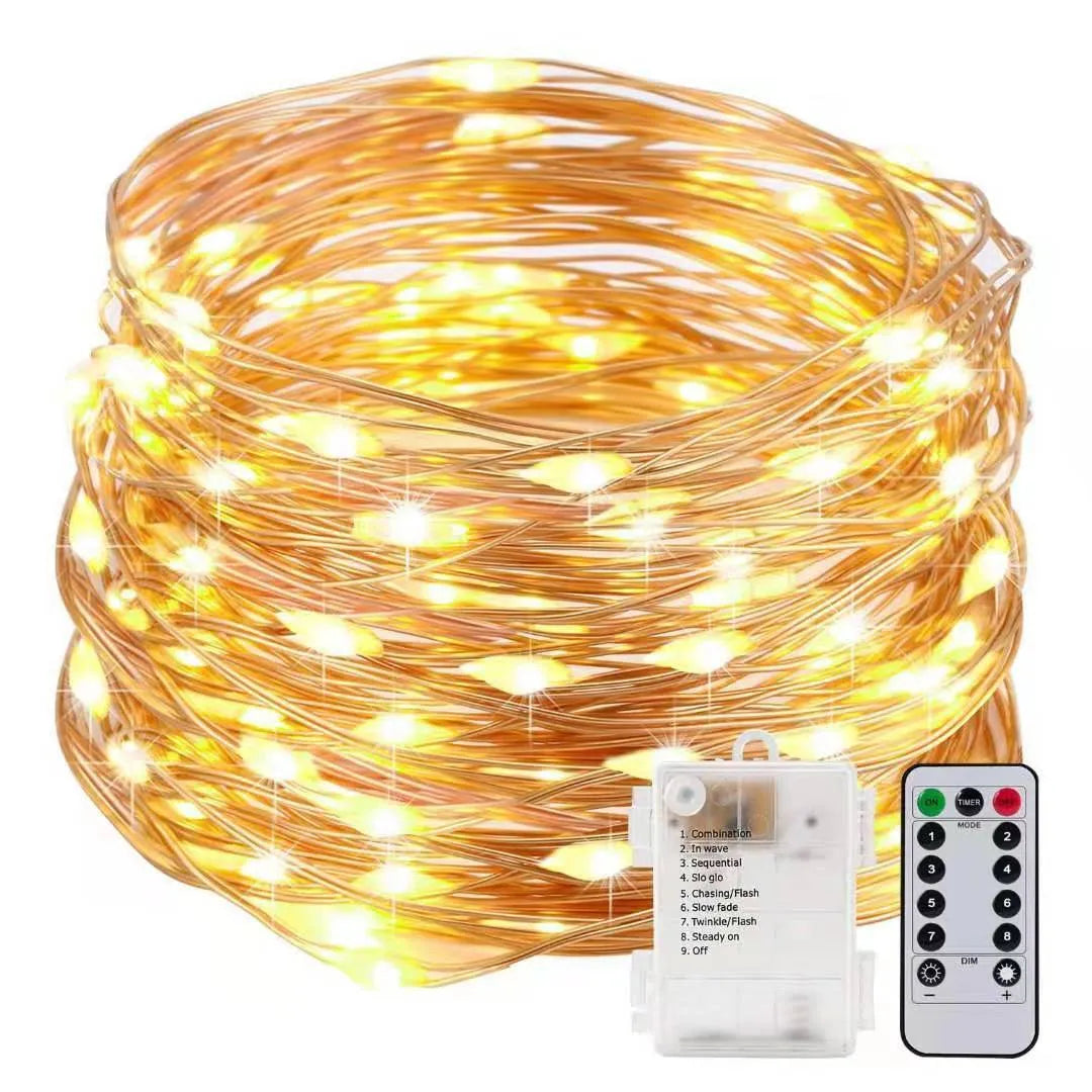 12 metre copper wire LED string light with battery box and multiple colour options for garden patio decoration