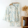 Ladies' blue cotton gauze long sleeve top and trousers suit set for homewear.