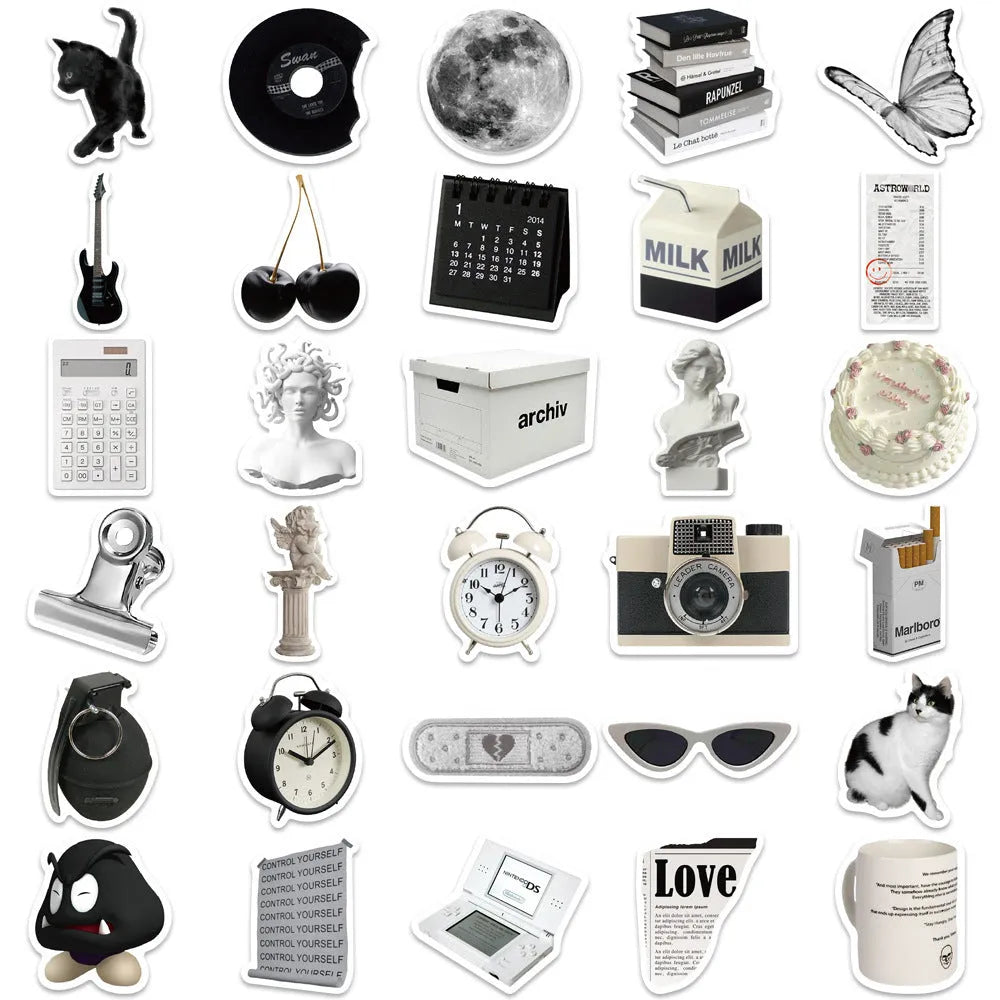 Black and white PVC vinyl sticker pack with 61 pieces for laptops and phones