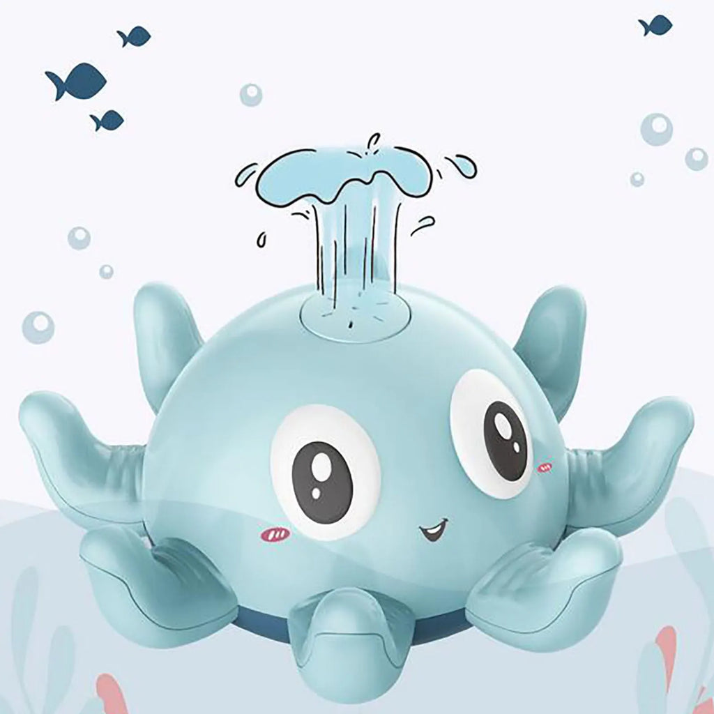 Children's automatic water spray bath toy with flashing lights in blue octopus design on white background