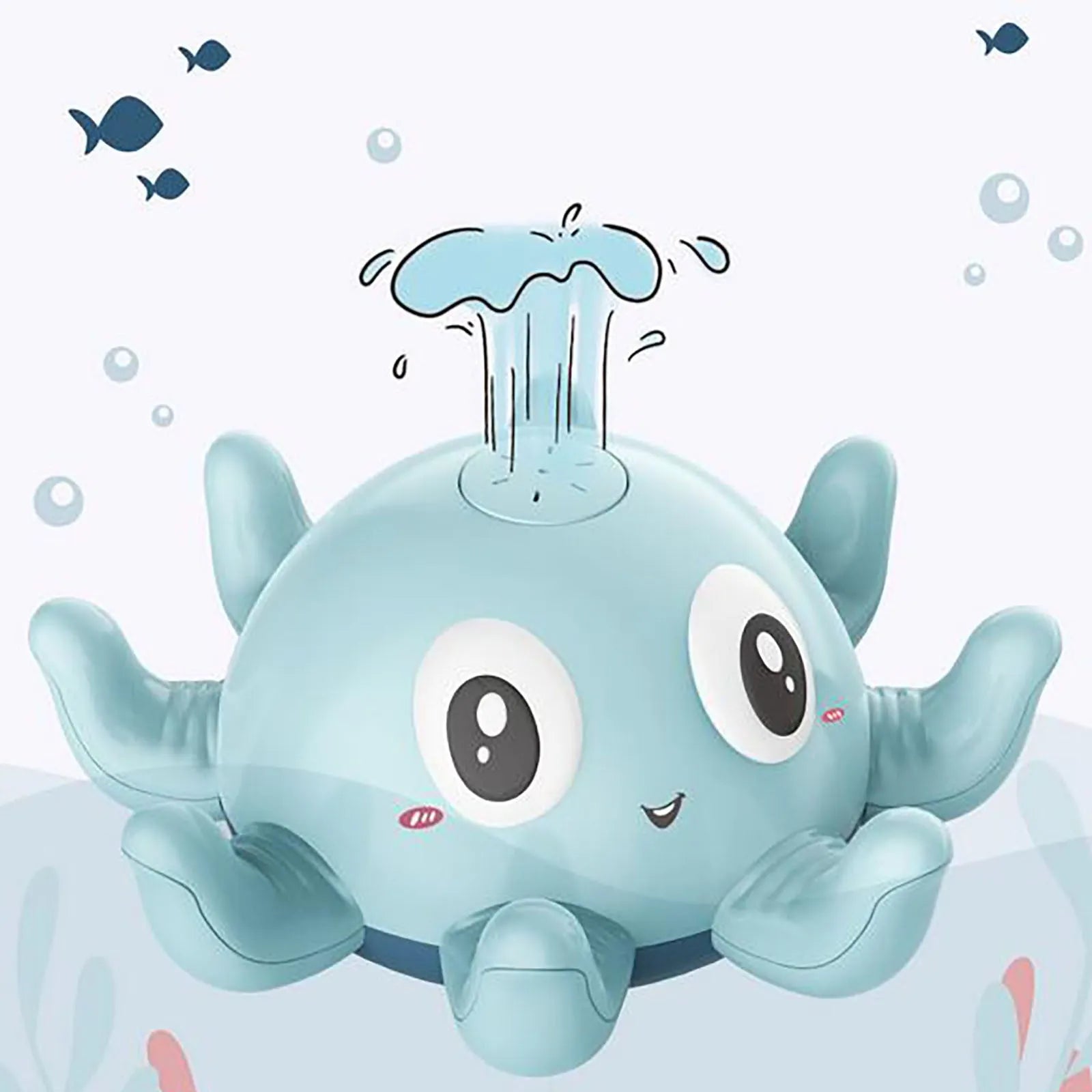 Children's automatic water spray bath toy with flashing lights in blue octopus design on white background
