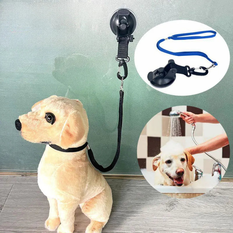 Pet bathing restraint handcuffs with suction cups and anti-grab traction rope in black or blue colour