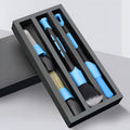 Blue detachable car wash brush set with 4 brush heads, 2 handles, and 2 elbow connectors on a workspace